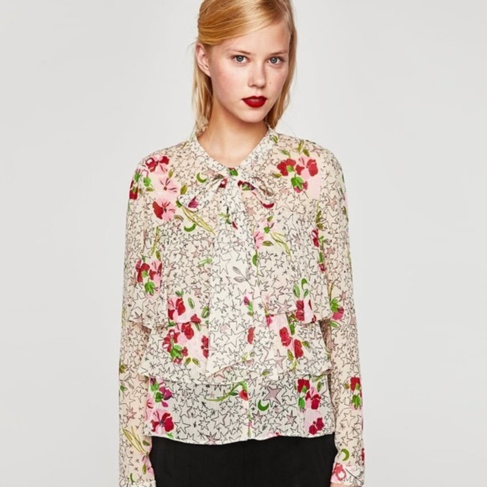 Zara Trafaluc Sheer Star Print Pussybow Blouse